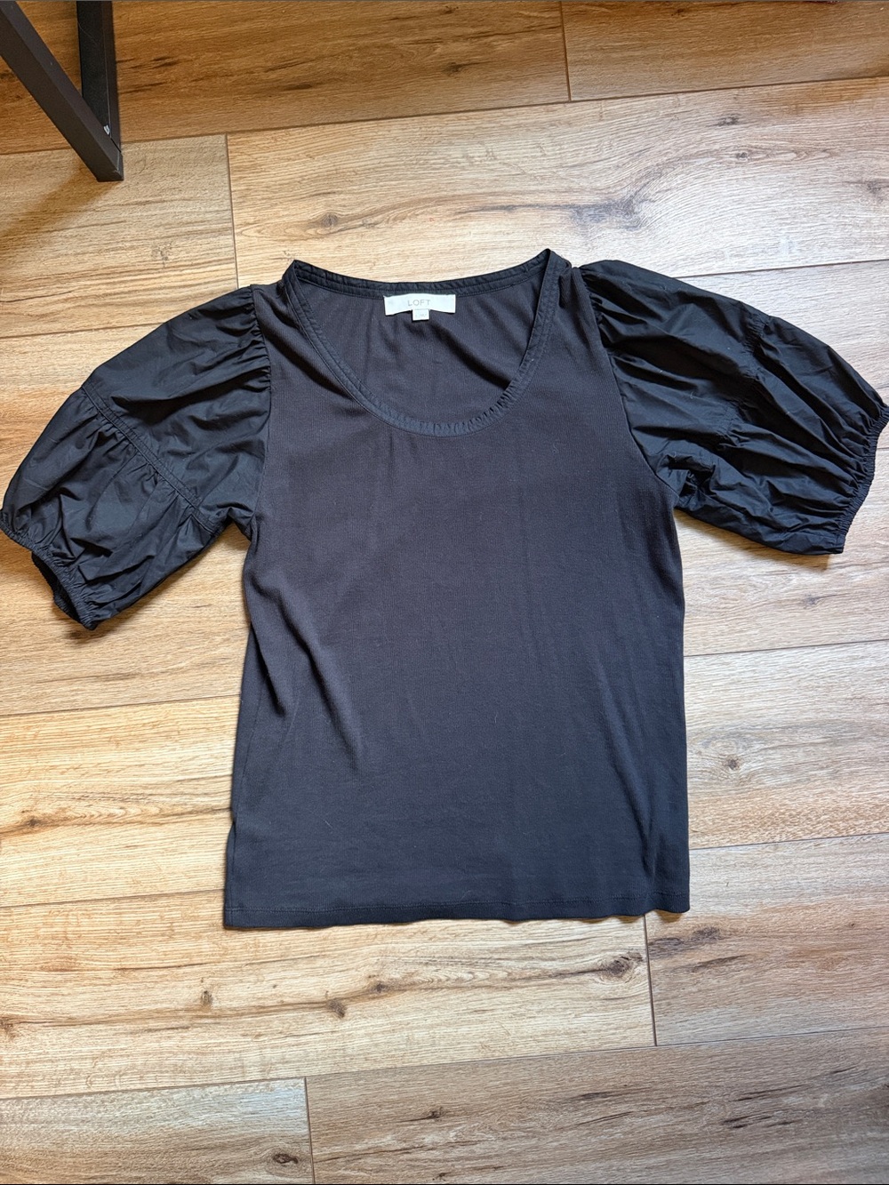 LOFT Black Short Puff Sleeve Scoop Neck Tee